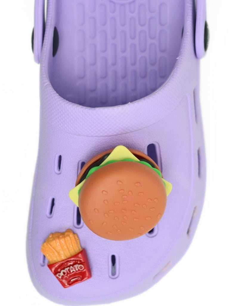 Fun & Colorful Clogs with Burger, Fries and Chocolate Charms for Girls- Purple-Front View