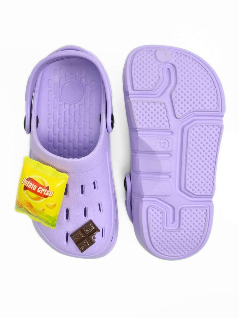 Fun & Colorful Clogs with Burger, Fries and Chocolate Charms for Girls- Purple-Front & Back View