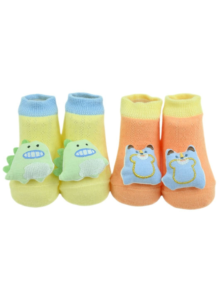 Fun Dino & Bear Character Doll Head Baby Ankle Socks Combo for Boys - Multi - Front View