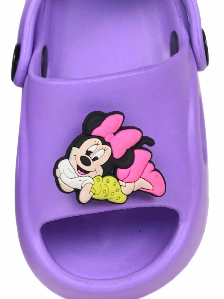 Fun & Eye-Catching Minnie Mouse Rotating Charms Sandals for Girls – Purple-Front View