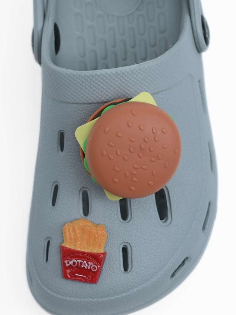 Fun Food-Themed Clogs with Burger, Fries & Snack Charms for Boys- Grey-Front View
