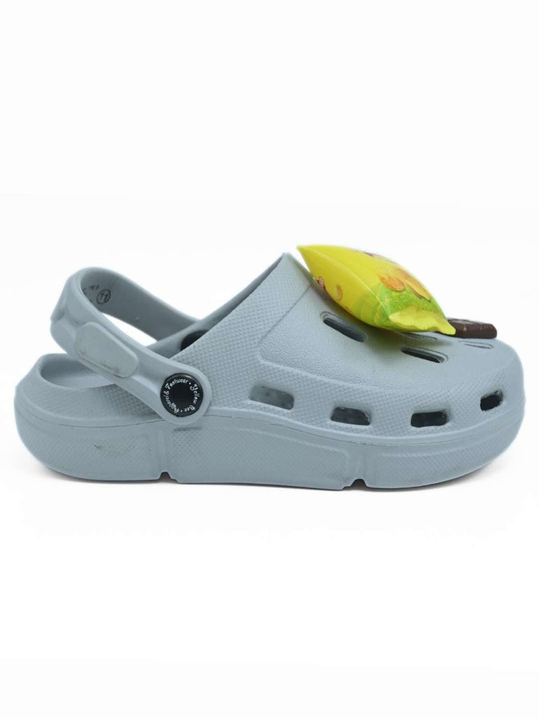 Fun Food-Themed Clogs with Burger, Fries & Snack Charms for Boys- Grey-Side View