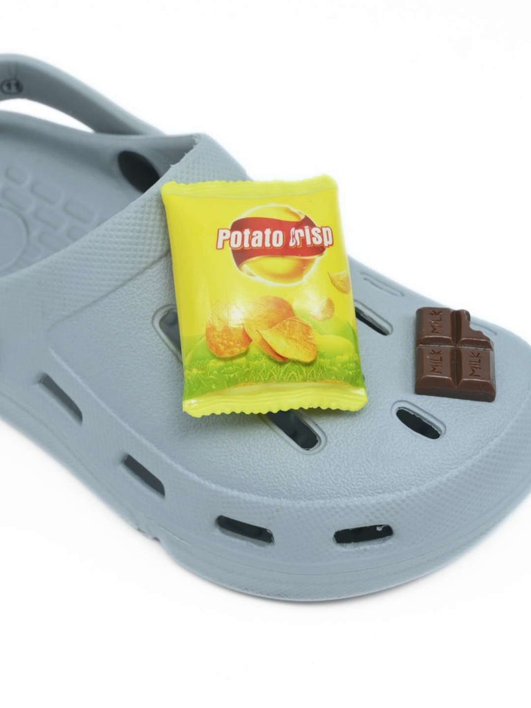 Fun Food-Themed Clogs with Burger, Fries & Snack Charms for Boys- Grey-Close up View