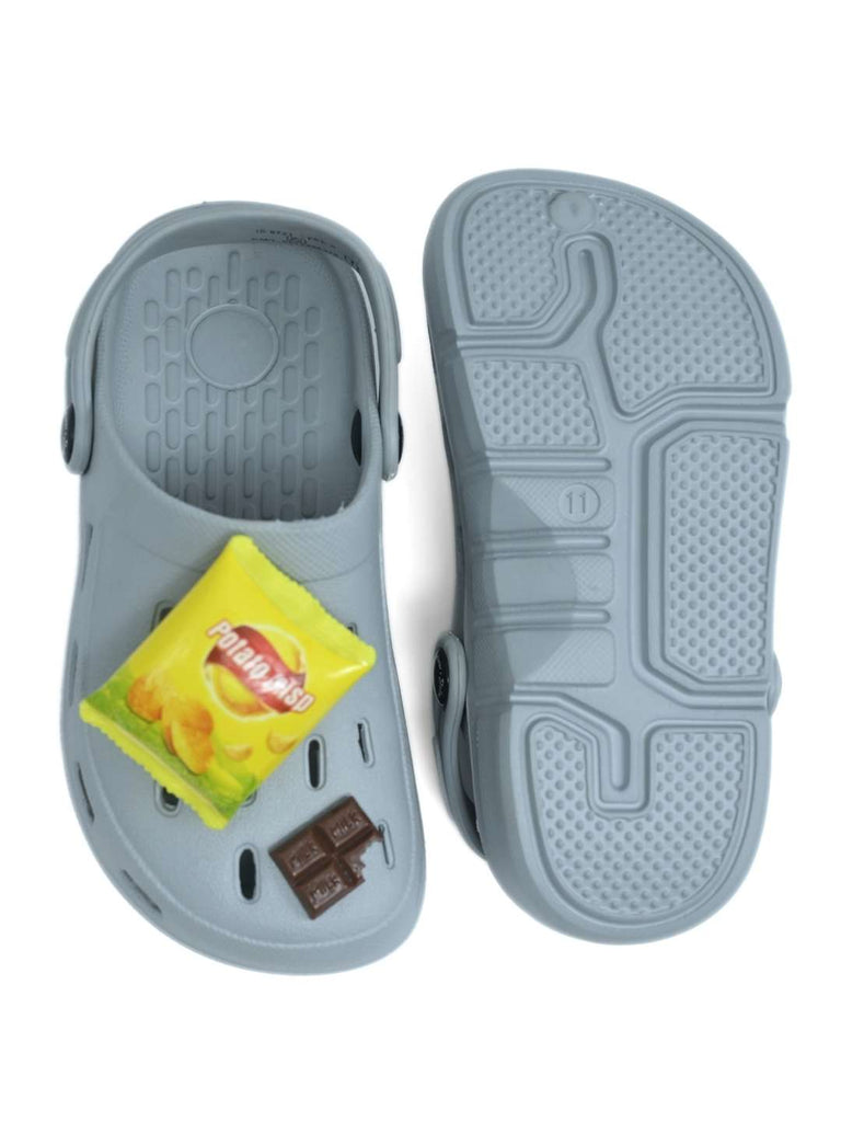 Fun Food-Themed Clogs with Burger, Fries & Snack Charms for Boys- Grey-Front & Back View