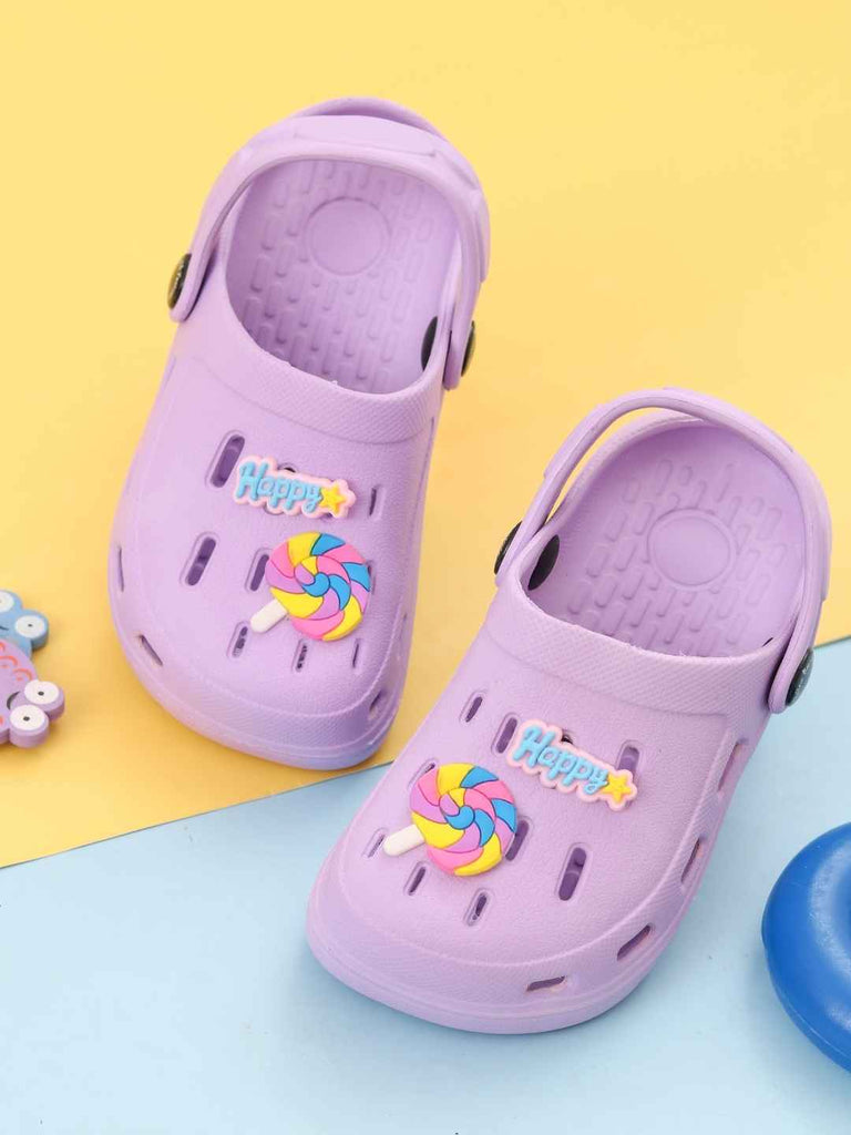 Fun-Loving Purple Clogs with Colorful Candy & “Happy” Charms for Girls-Creative View