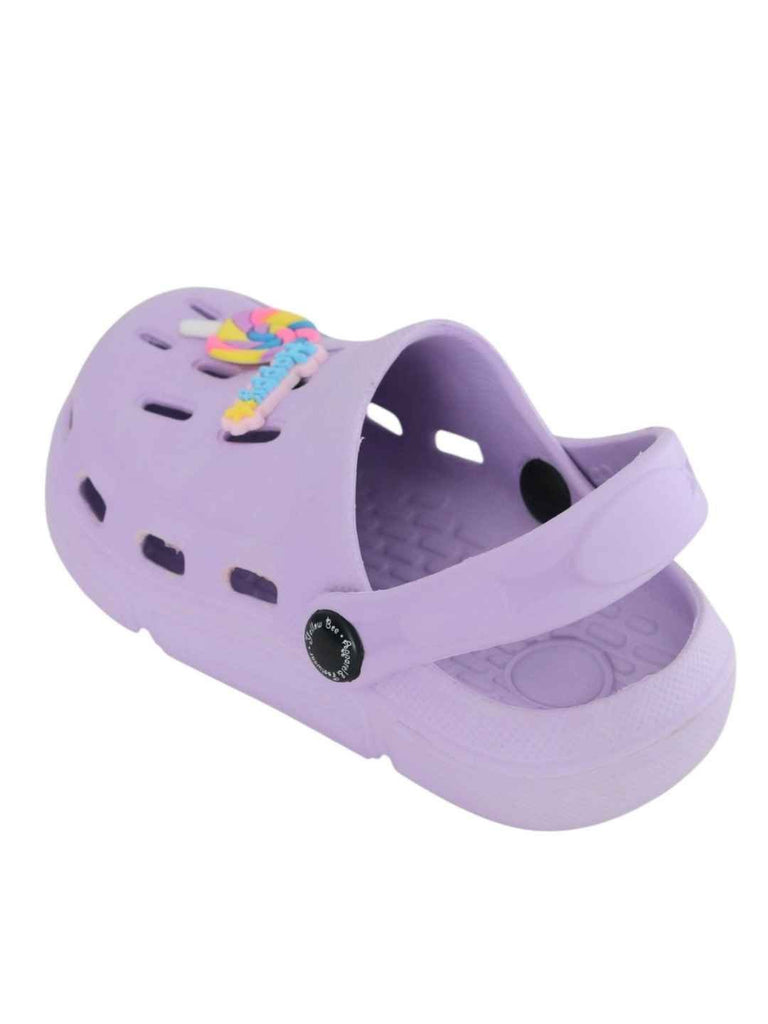 Fun-Loving Purple Clogs with Colorful Candy & “Happy” Charms for Girls-Back View