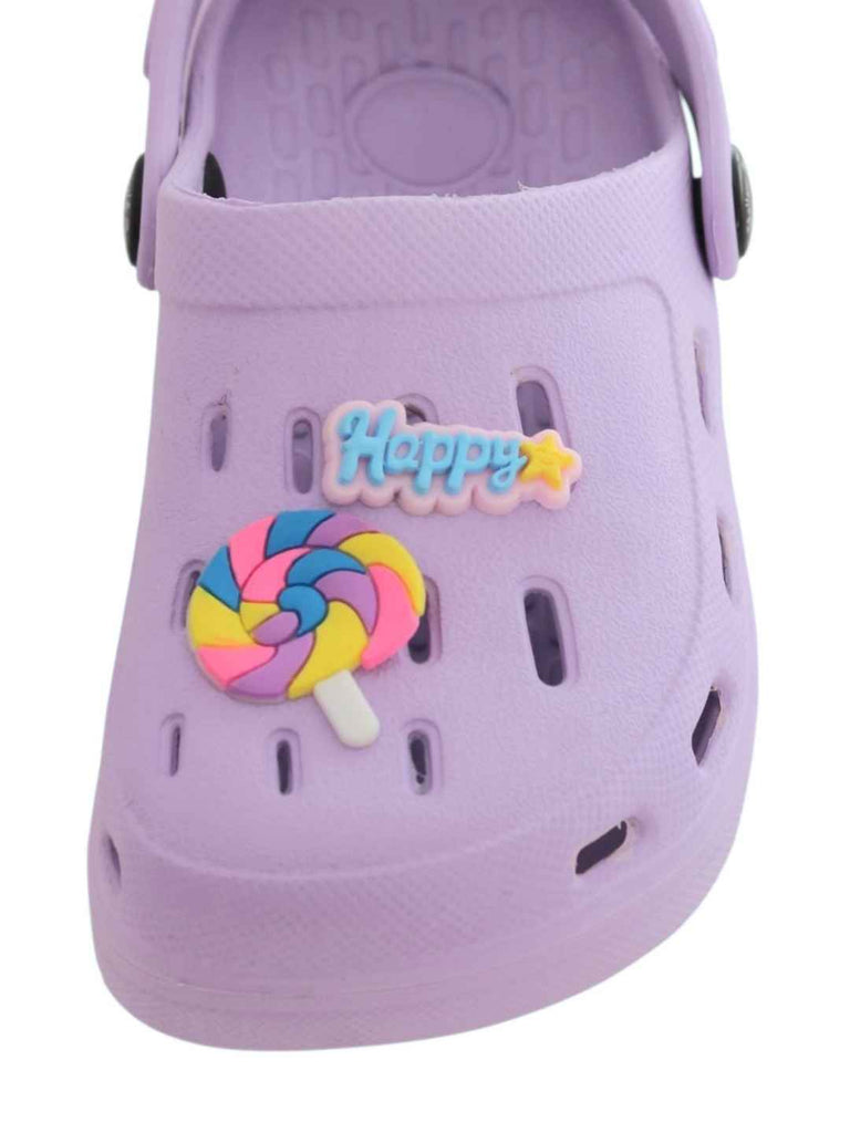 Fun-Loving Purple Clogs with Colorful Candy & “Happy” Charms for Girls-Front View