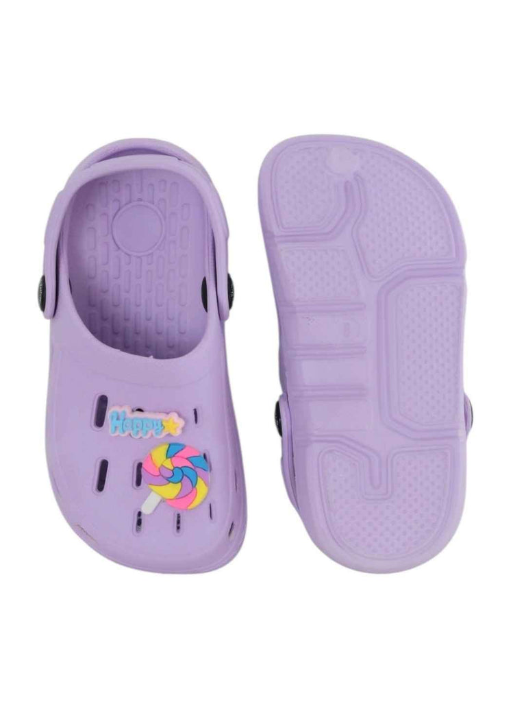 Fun-Loving Purple Clogs with Colorful Candy & “Happy” Charms for Girls-Front & Back View