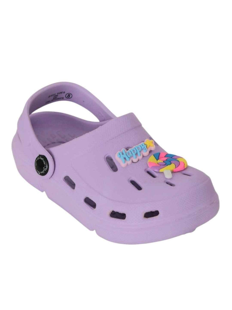 Fun-Loving Purple Clogs with Colorful Candy & “Happy” Charms for Girls-Angle View