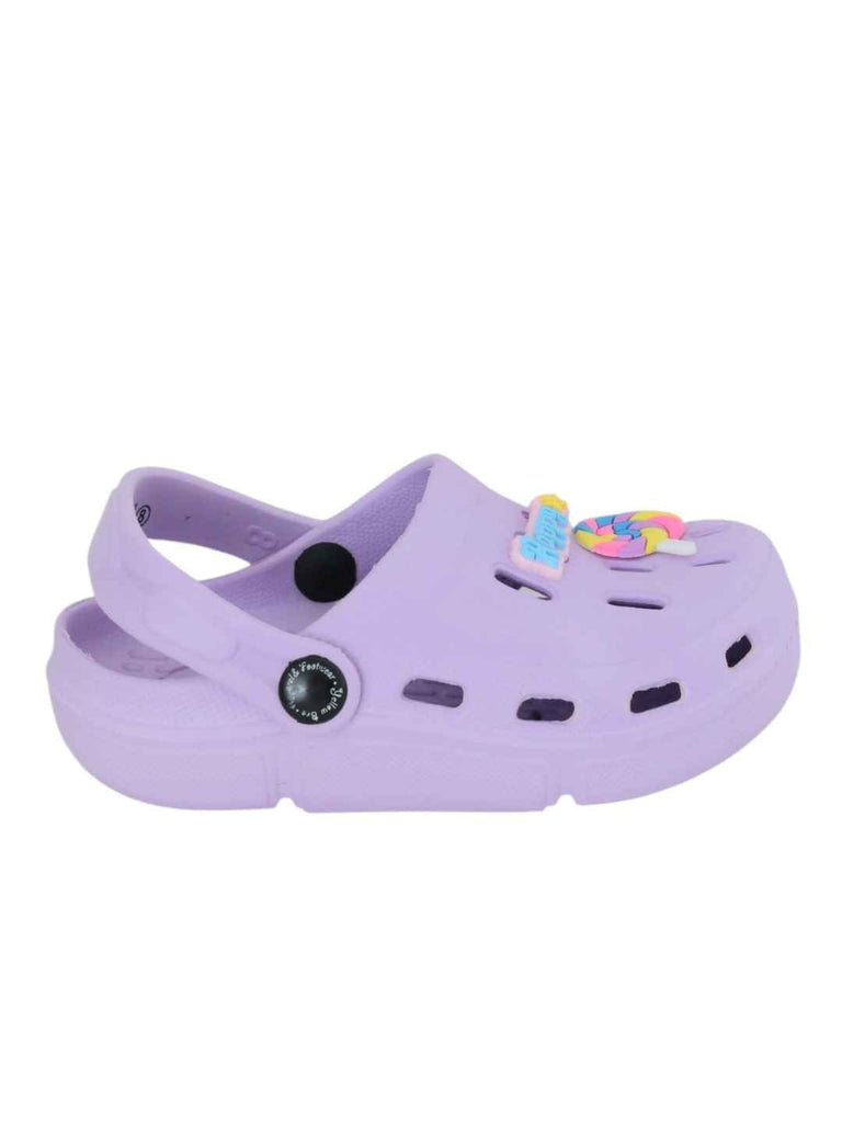 Fun-Loving Purple Clogs with Colorful Candy & “Happy” Charms for Girls-Side View