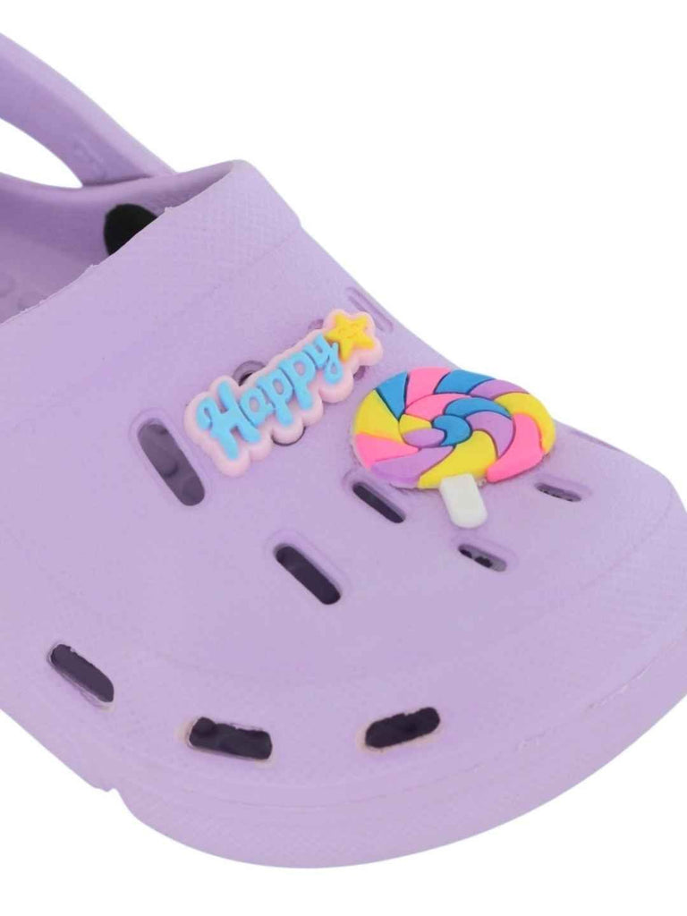 Fun-Loving Purple Clogs with Colorful Candy & “Happy” Charms for Girls-Close up view