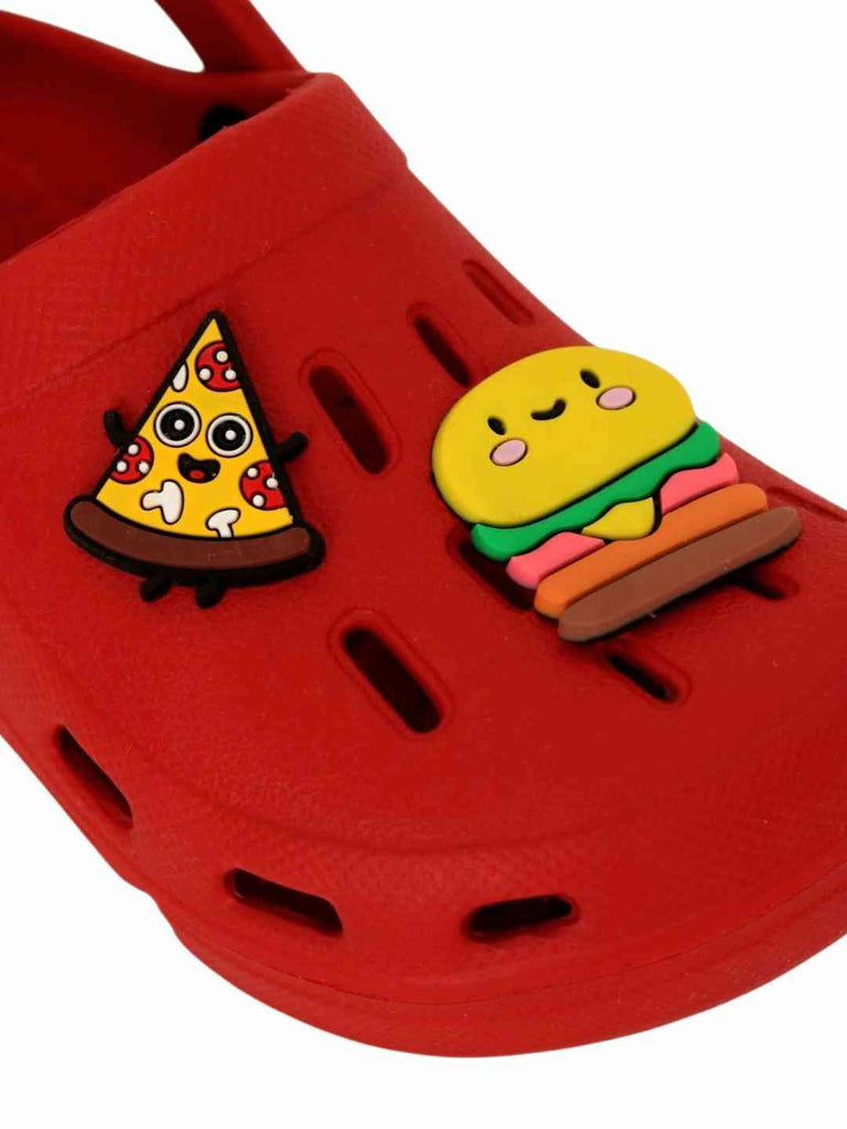 Fun-Loving Red Clogs with Cheese burger & Pizza Slice Charms for Boys-Close up view