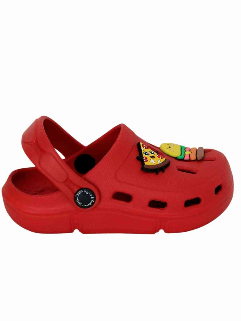 Fun-Loving Red Clogs with Cheese burger & Pizza Slice Charms for Boys-Side View