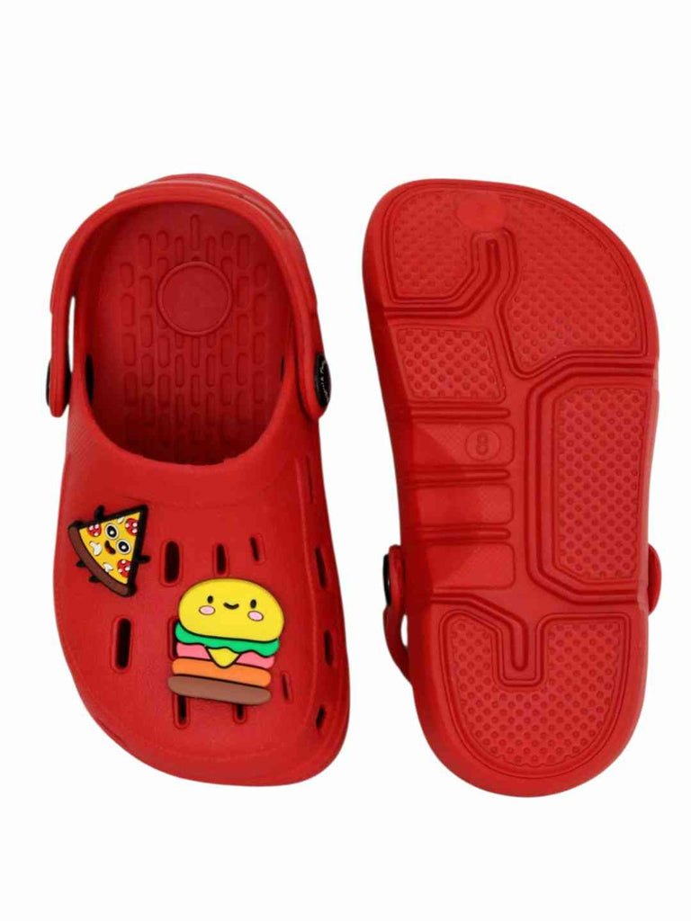 Fun-Loving Red Clogs with Cheese burger & Pizza Slice Charms for Boys-Front & Back View