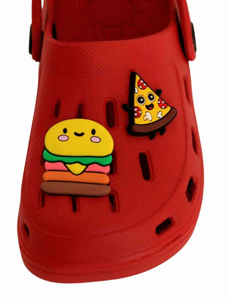 Fun-Loving Red Clogs with Cheese burger & Pizza Slice Charms for Boys-Front View