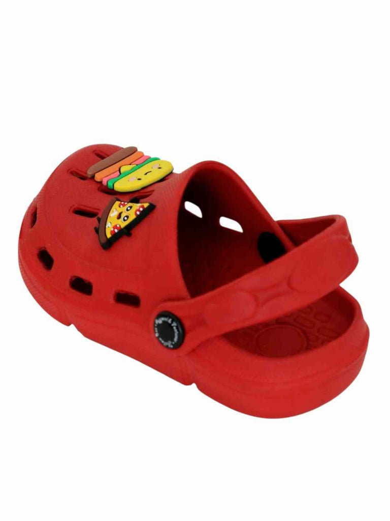 Fun-Loving Red Clogs with Cheese burger & Pizza Slice Charms for Boys-Angle View