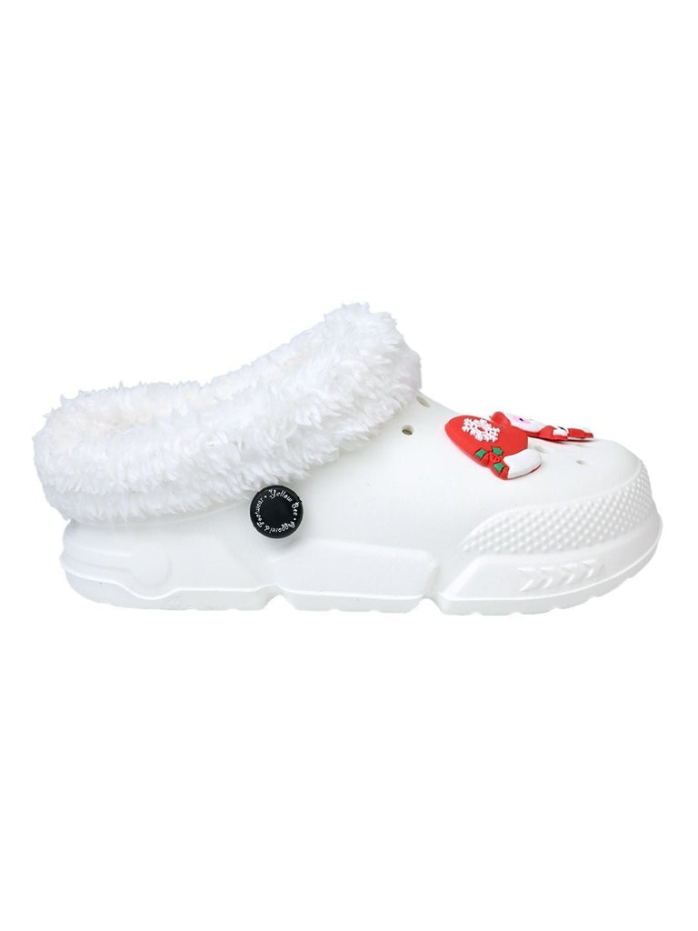 Fun-loving Winter Fur Lined Clogs with Santa & Christmas Charms for Boys & Girls -White - Side View