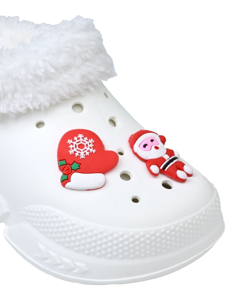 Fun-loving Winter Fur Lined Clogs with Santa & Christmas Charms for Boys & Girls -White - Close Up View