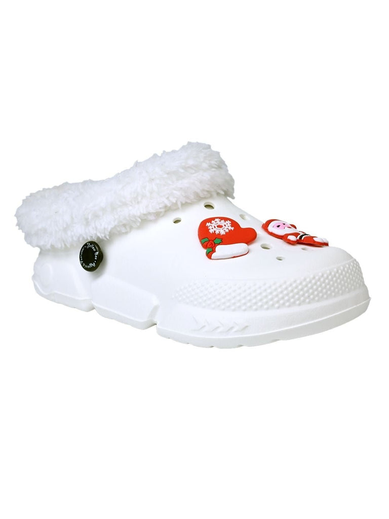 Fun-loving Winter Fur Lined Clogs with Santa & Christmas Charms for Boys & Girls -White - Angle View
