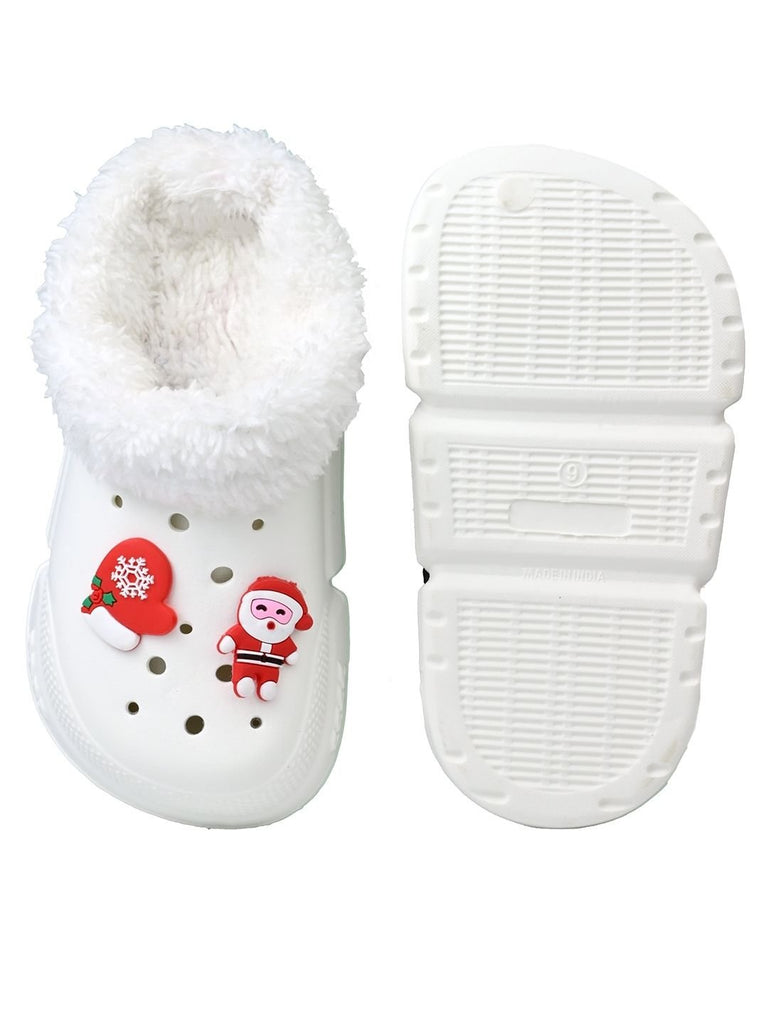 Fun-loving Winter Fur Lined Clogs with Santa & Christmas Charms for Boys & Girls -White - Top & Bottom View
