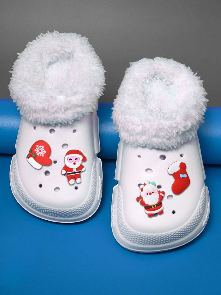 Fun-loving Winter Fur Lined Clogs with Santa & Christmas Charms for Boys & Girls -White - Creative View