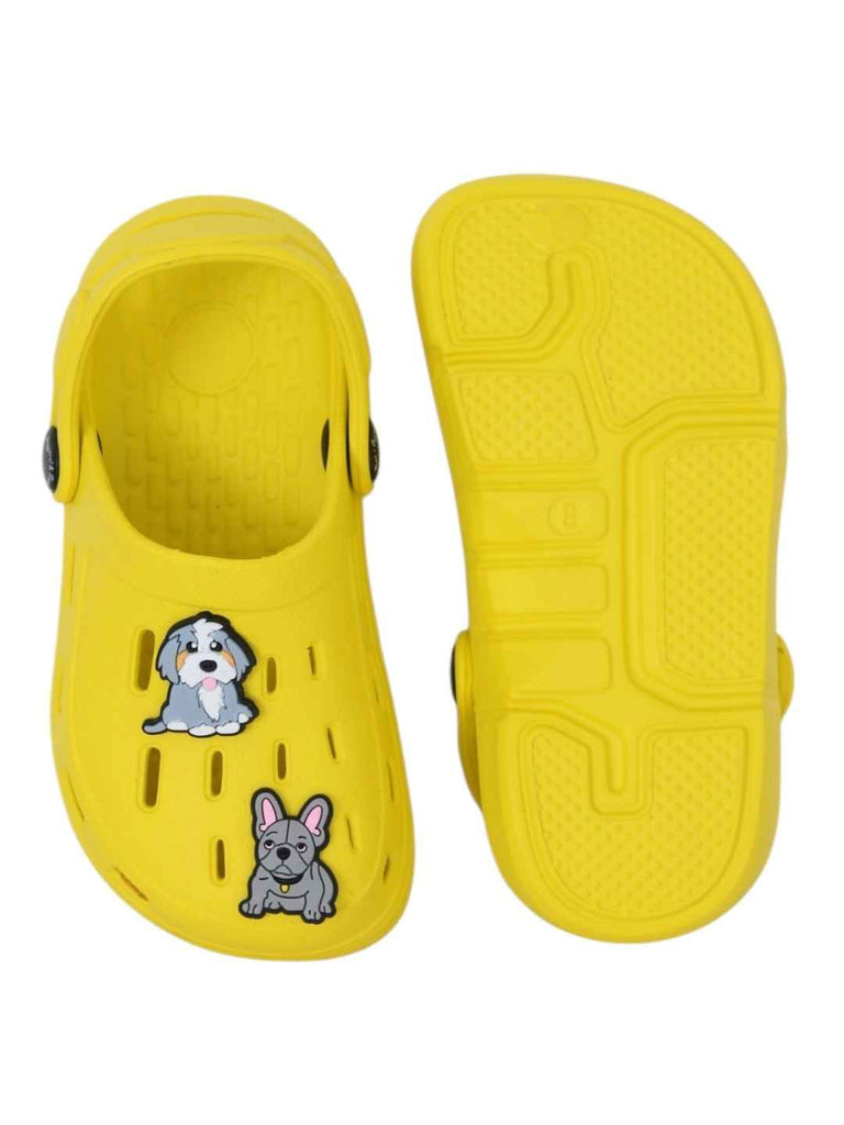 Fun-loving Yellow Clogs with Cute Puppy Charms for Boys-Front & Back View