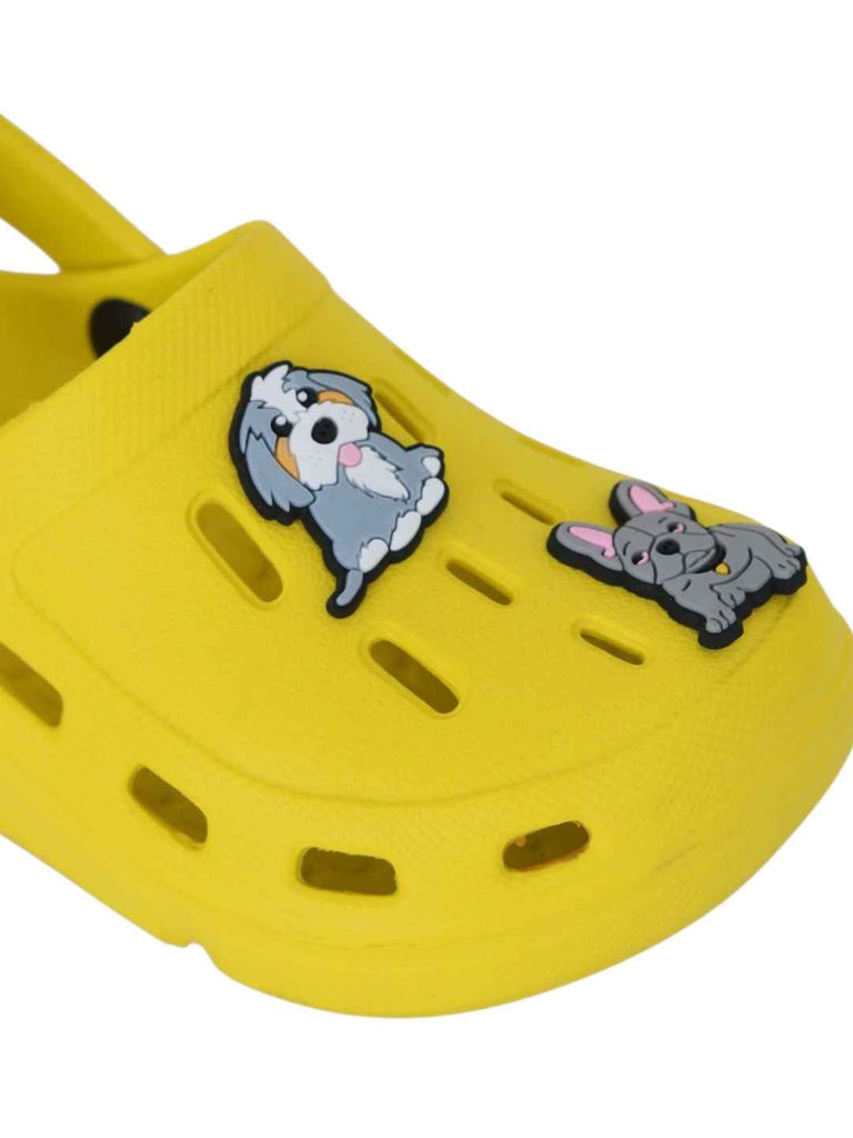 Fun-loving Yellow Clogs with Cute Puppy Charms for Boys-Close up view