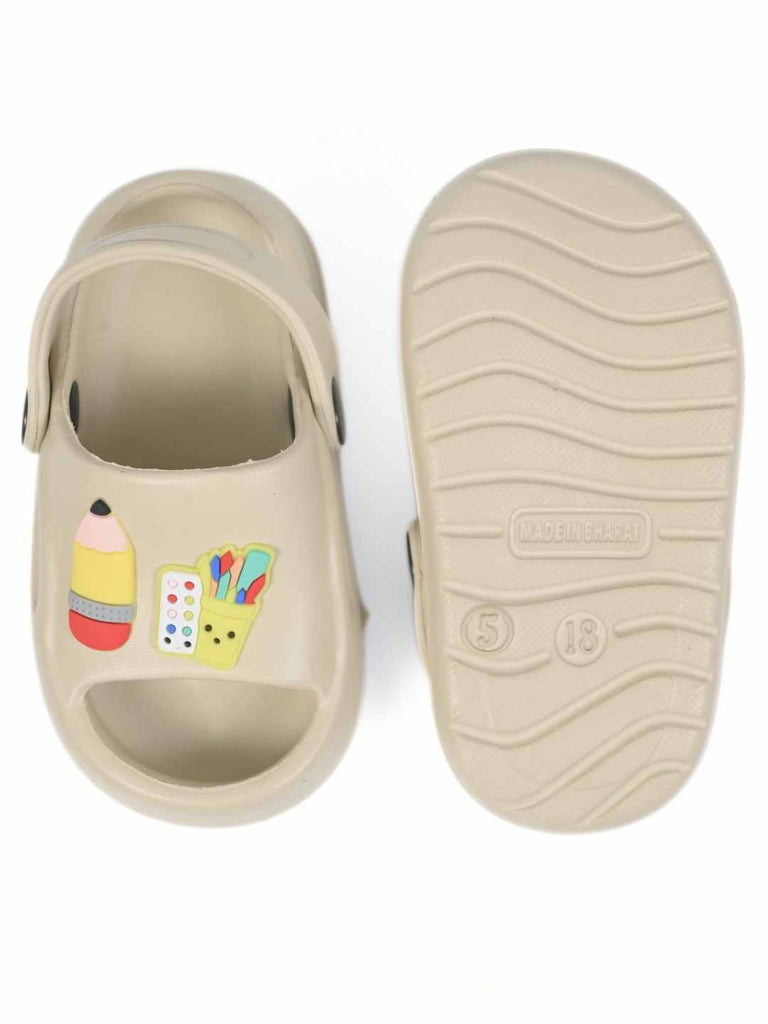 Fun Pencil & Crayon Charm Sandals for Boys– Beige  Front & Back View