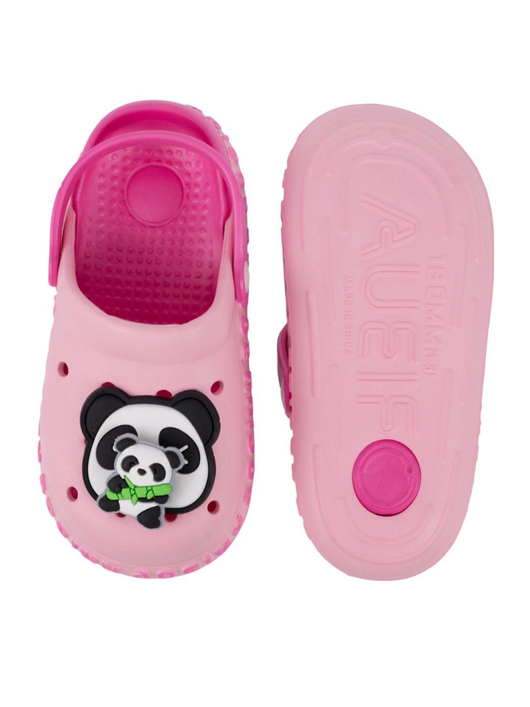 Fun Pink Clogs with Rotating Panda & Bamboo Charms for Girls-Front & Back View