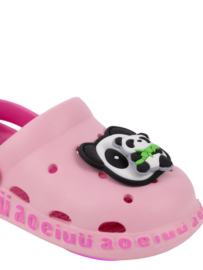 Fun Pink Clogs with Rotating Panda & Bamboo Charms for Girls-Close up view