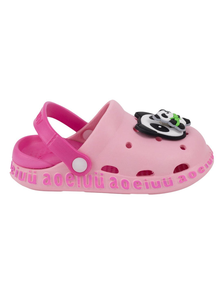 Fun Pink Clogs with Rotating Panda & Bamboo Charms for Girls-Sided View
