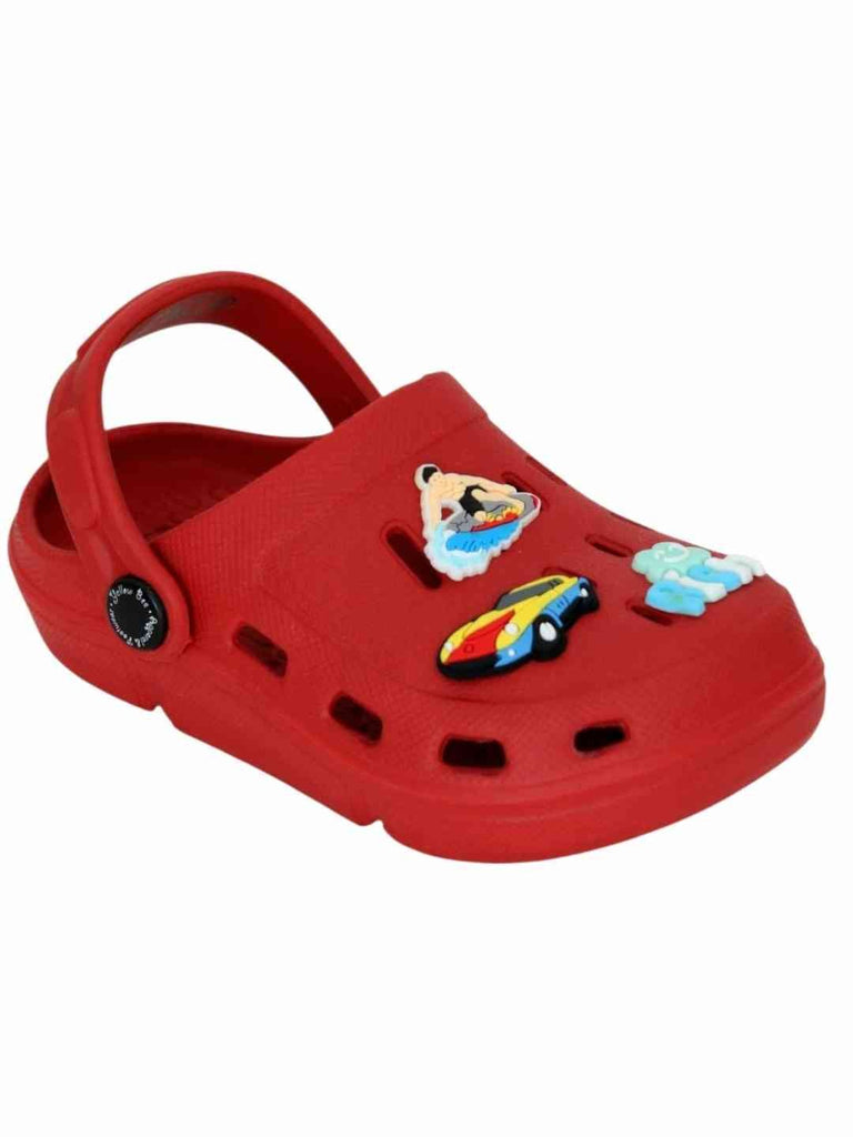 Fun-Themed Red Clogs with Surfing, Racing Car & 'Rich' Charms for Boys-Angle View