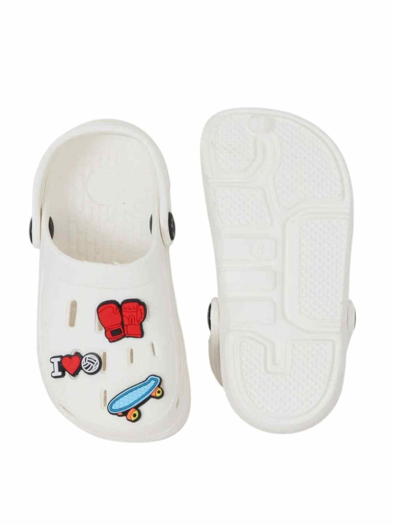 Fun-Themed White Clogs with Boxing, Skateboard  & Love Charm for Boys-Front & Back View