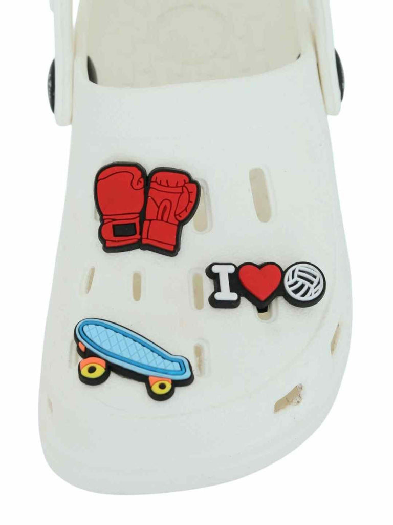 Fun-Themed White Clogs with Boxing, Skateboard  & Love Charm for Boys-Front View
