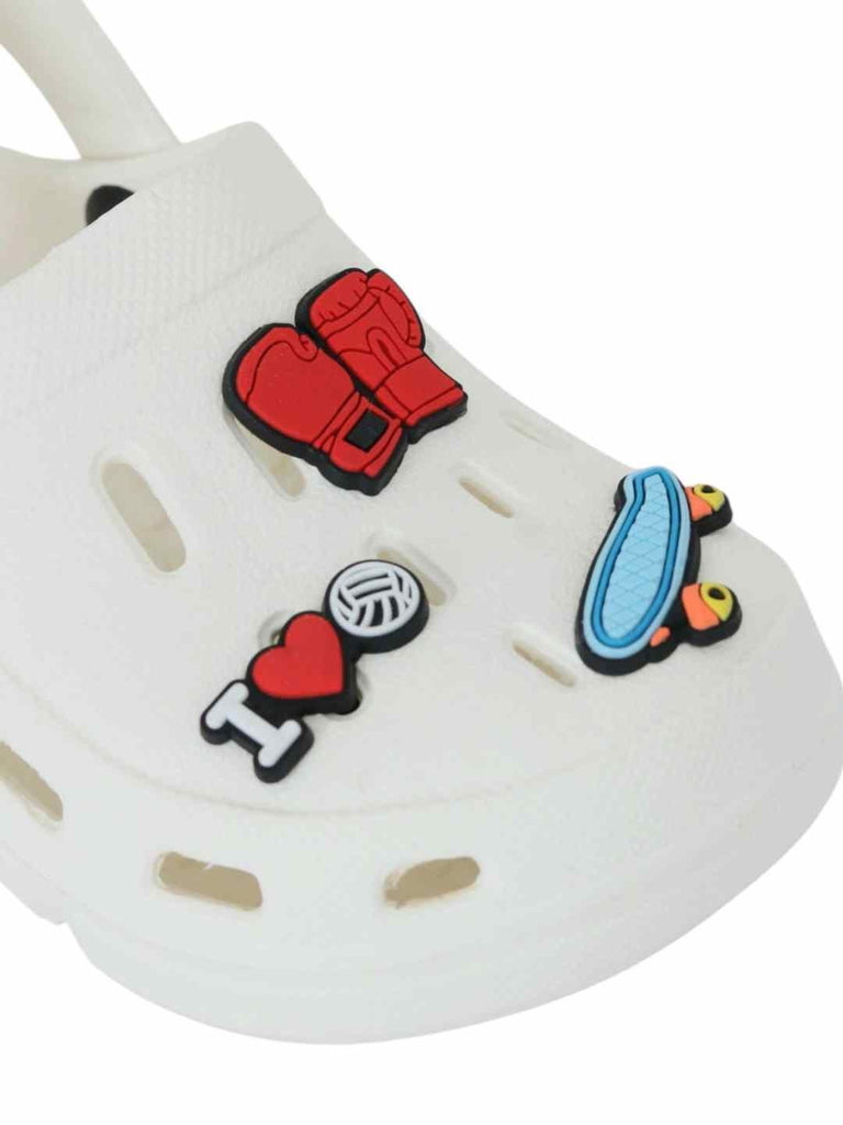 Fun-Themed White Clogs with Boxing, Skateboard  & Love Charm for Boys-Close up view