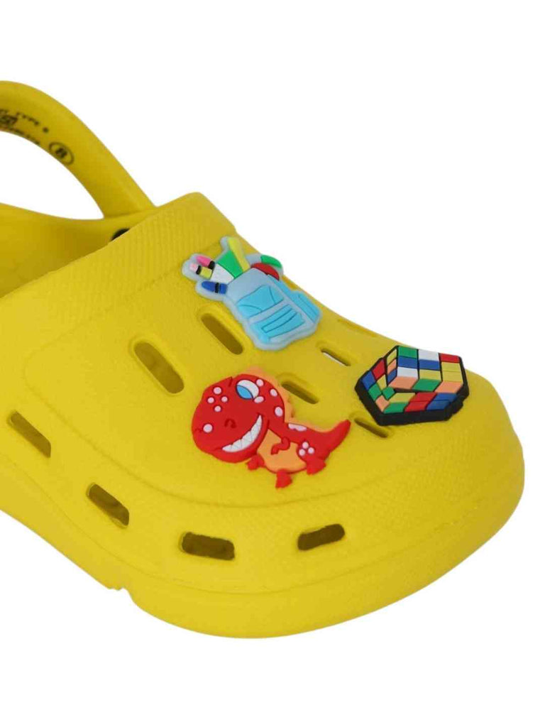 Fun-Themed Yellow Clogs with  Backpack, Dinosaur & Cube Charms for Boys-Close up view