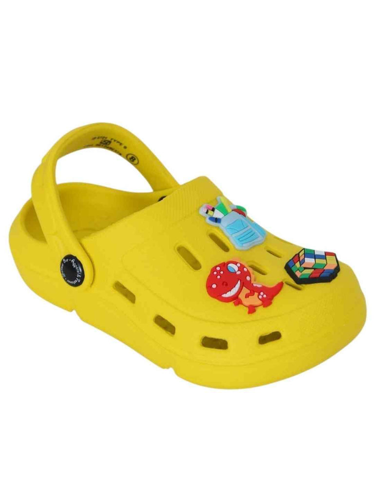 Fun-Themed Yellow Clogs with  Backpack, Dinosaur & Cube Charms for Boys-Angle View