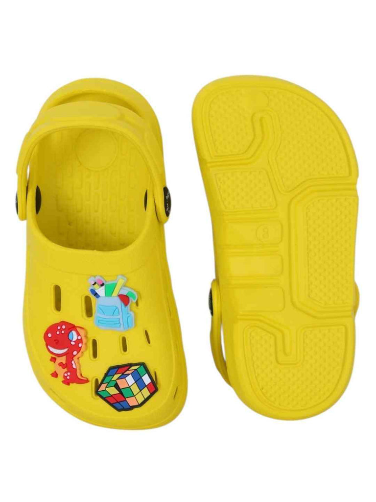 Fun-Themed Yellow Clogs with  Backpack, Dinosaur & Cube Charms for Boys-Front & Back View
