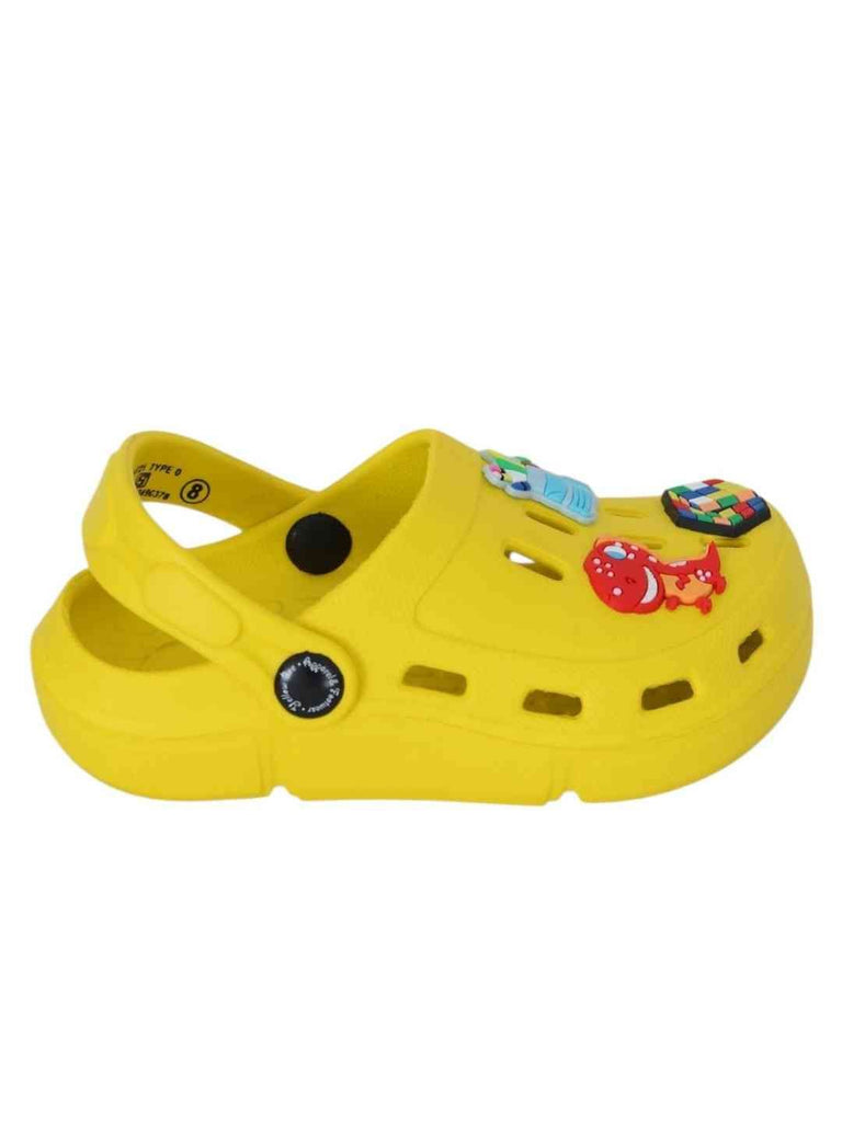 Fun-Themed Yellow Clogs with  Backpack, Dinosaur & Cube Charms for Boys-Side View