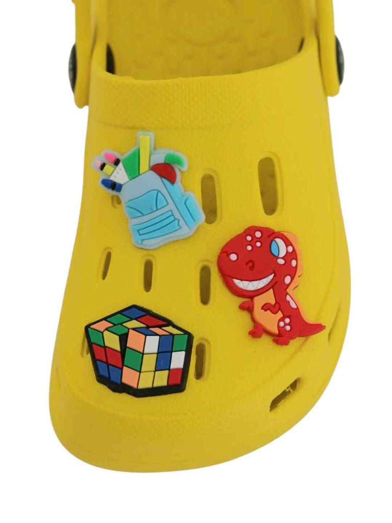 Fun-Themed Yellow Clogs with  Backpack, Dinosaur & Cube Charms for Boys-Front View