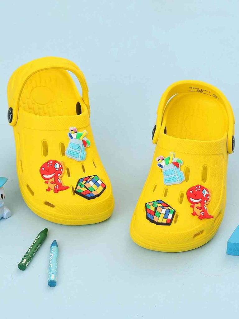Fun-Themed Yellow Clogs with  Backpack, Dinosaur & Cube Charms for Boys-Creative View