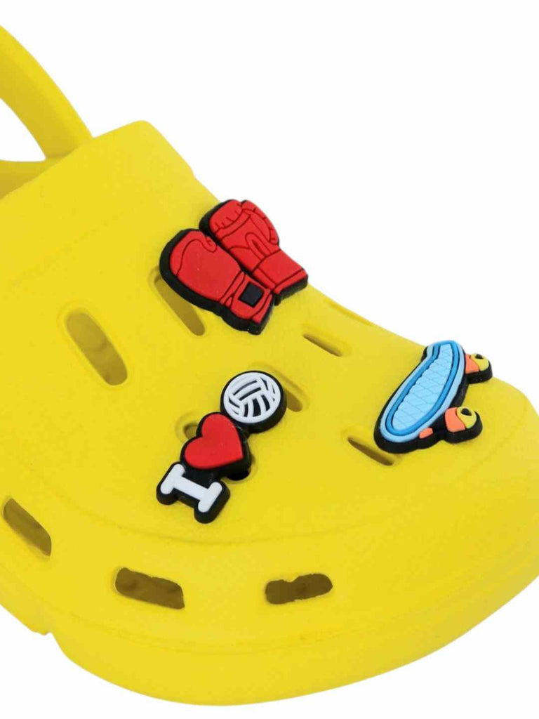 Fun-Themed Yellow Clogs with Boxing Gloves, Skateboard & Love Charm for Boys- Close up view