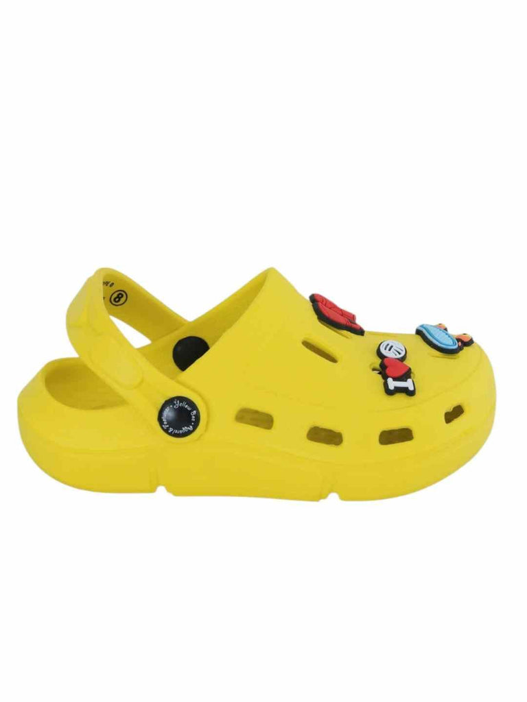Fun-Themed Yellow Clogs with Boxing Gloves, Skateboard & Love Charm for Boys- Side View