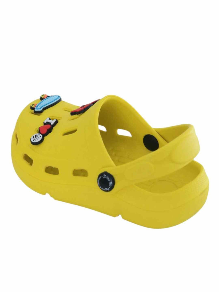 Fun-Themed Yellow Clogs with Boxing Gloves, Skateboard & Love Charm for Boys- Back View