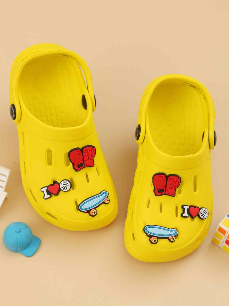 Fun-Themed Yellow Clogs with Boxing Gloves, Skateboard & Love Charm for Boys-Creative View