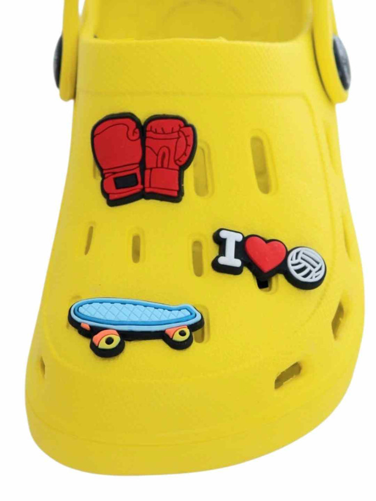 Fun-Themed Yellow Clogs with Boxing Gloves, Skateboard & Love Charm for Boys- Front View