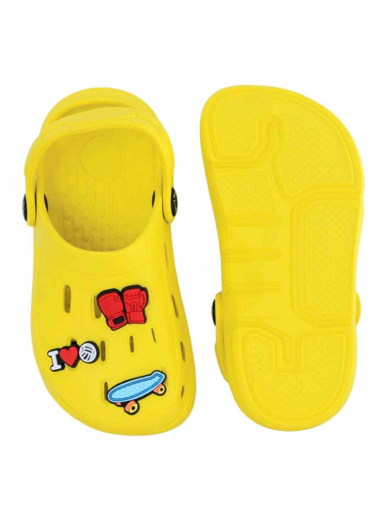 Fun-Themed Yellow Clogs with Boxing Gloves, Skateboard & Love Charm for Boys- Front & Back View