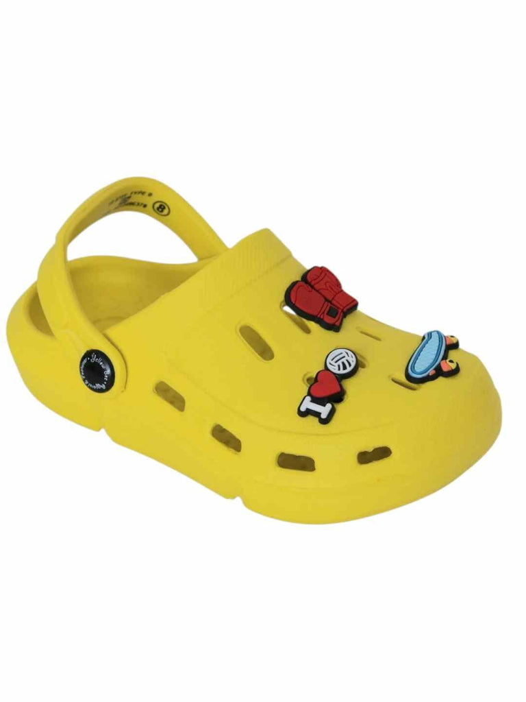 Fun-Themed Yellow Clogs with Boxing Gloves, Skateboard & Love Charm for Boys- Angle View