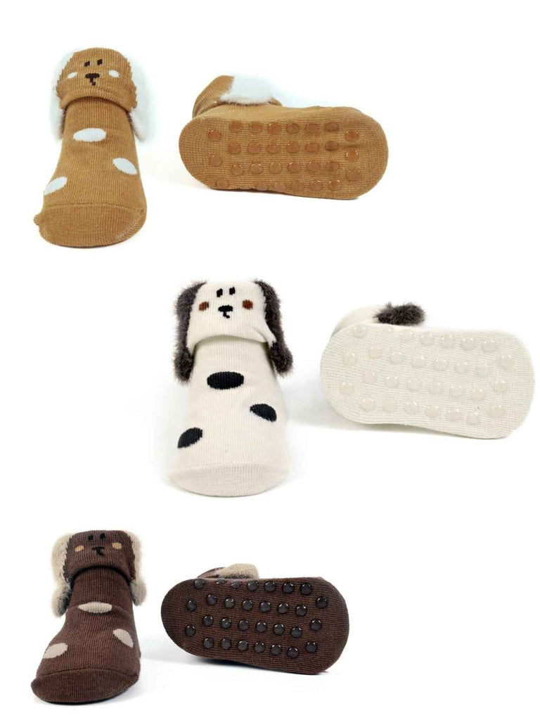 Furry Friends Baby Sock Trio – Soft Knit Booties with Cute Puppy Designs for Everyday Comfort-Front & Back view