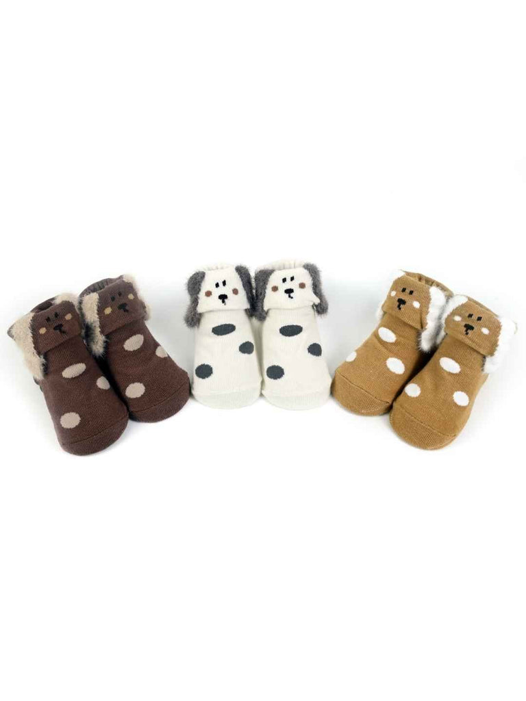 Furry Friends Baby Sock Trio – Soft Knit Booties with Cute Puppy Designs for Everyday Comfort-Full Front View